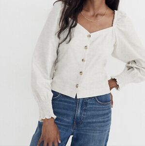 Madewell Corduroy Sweetheart Smocked-Back Top Melange Grey Beige